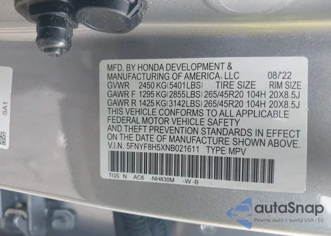 2022 Honda Passport Awd Ex-L z USA, uszkodzony, nr VIN 5FNYF8H5XNB021611